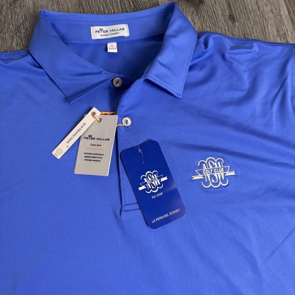 Peter Millar Summer Comfort L Performance Blue NSW Golf Logo UPF Polo Shirt‎ NEW